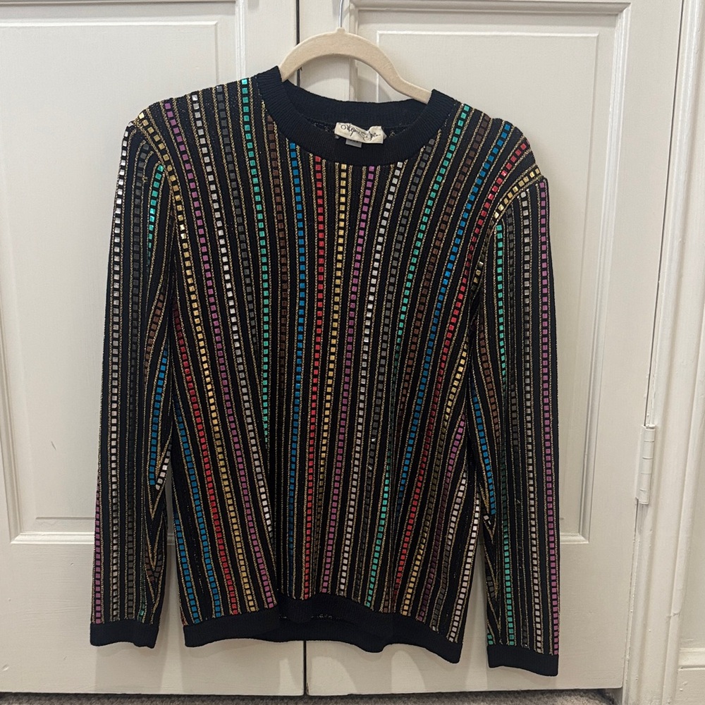 Vintage-Style Black Crewneck Sweater with Bright Vertical Stripes